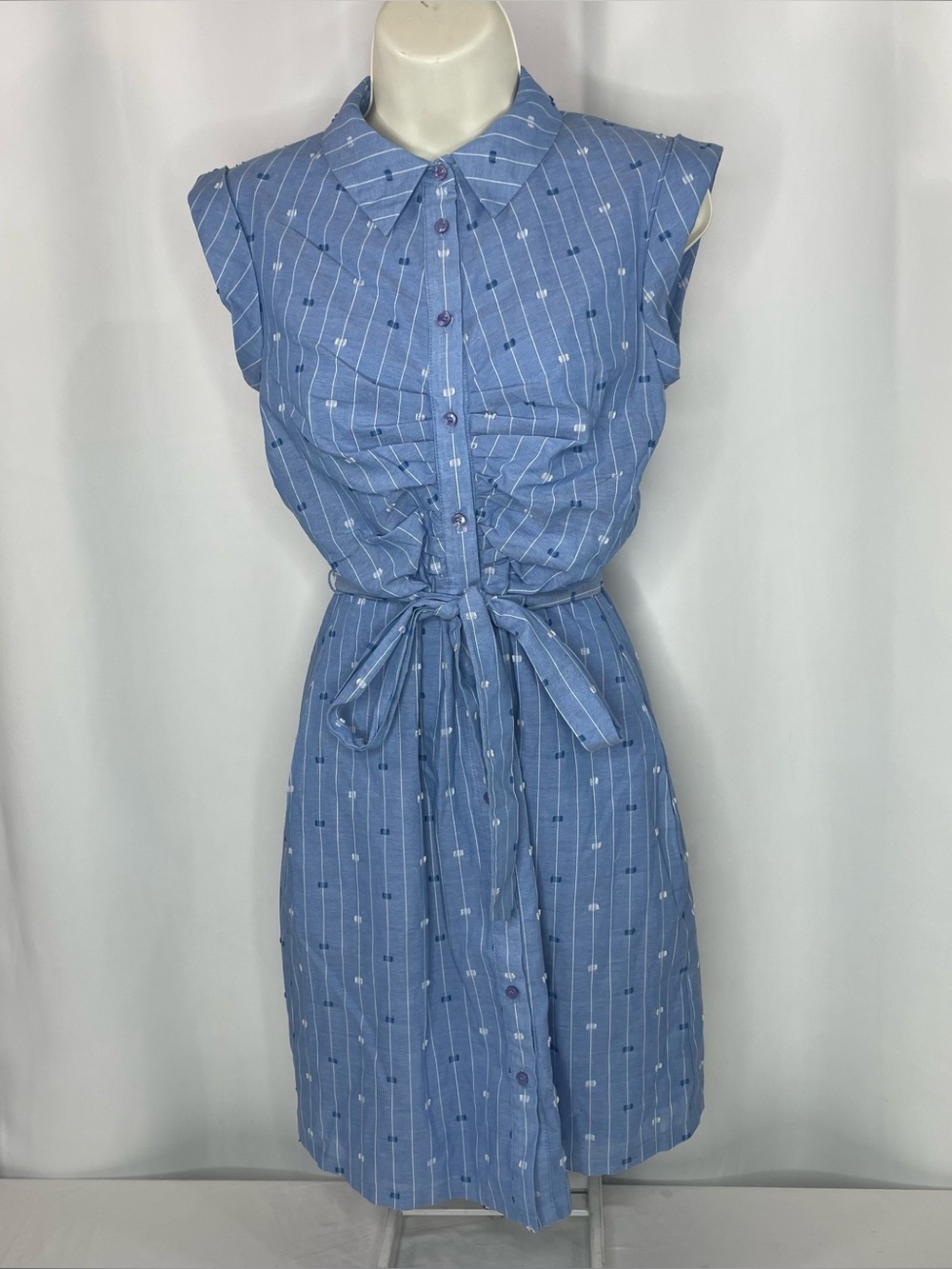 Eliza J Blue Ruched Button Front Belted Shirt Dress Size 2